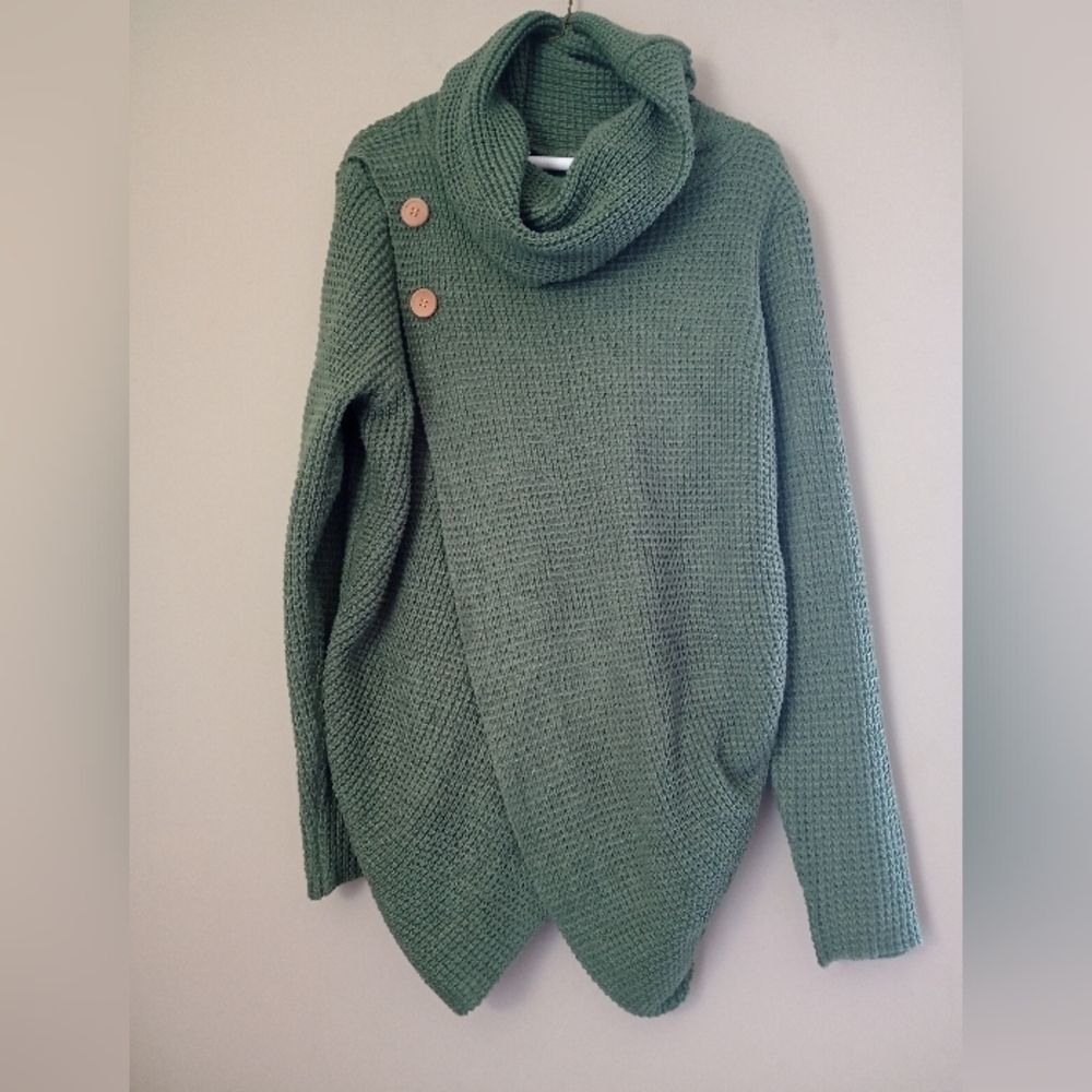 Open Knit Olive Green Sweater with Cowl Neck and Criss Cross Draping Size Large!